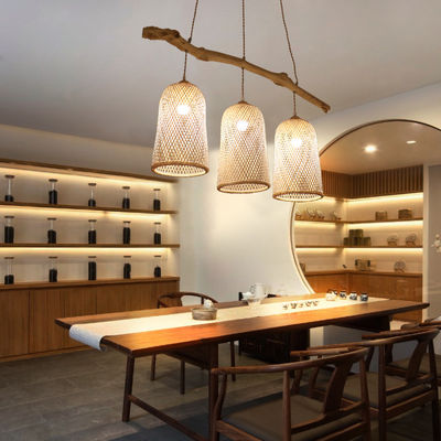 Dreiköpfige Rattan-Hängeleuchten, Restaurant Bambus-Lampe 3500K