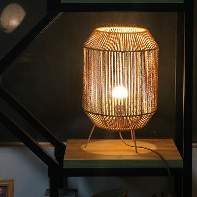 Vintage Twine Rattan Tischlampe, Handgefertigte Wabi Sabi Tischlampe Für die Familie