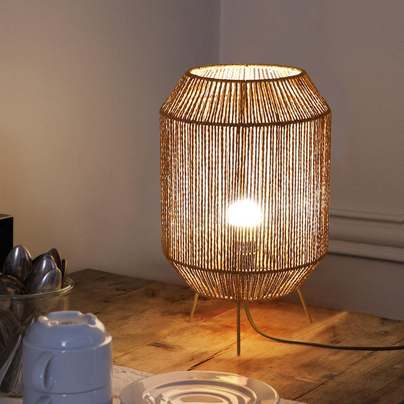 Vintage Twine Rattan Tischlampe, Handgefertigte Wabi Sabi Tischlampe Für die Familie